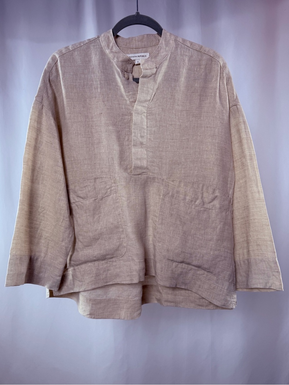 Banana Republic Linen Mandarin Collar Button-Down Shirt Pockets in Beige Small